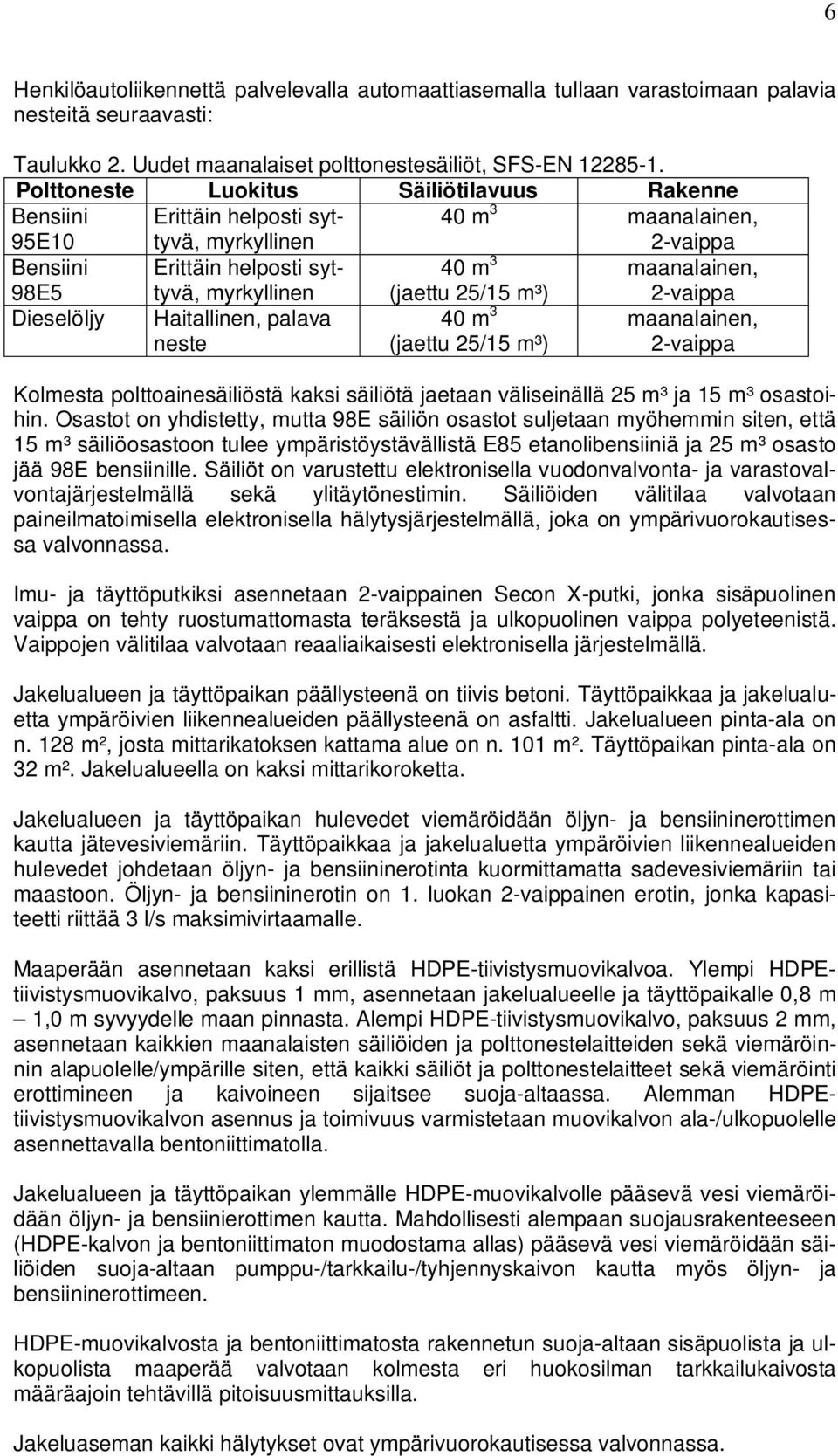 25/15 m³) maanalainen, 2-vaippa Dieselöljy Haitallinen, palava neste 40 m 3 (jaettu 25/15 m³) maanalainen, 2-vaippa Kolmesta polttoainesäiliöstä kaksi säiliötä jaetaan väliseinällä 25 m³ ja 15 m³