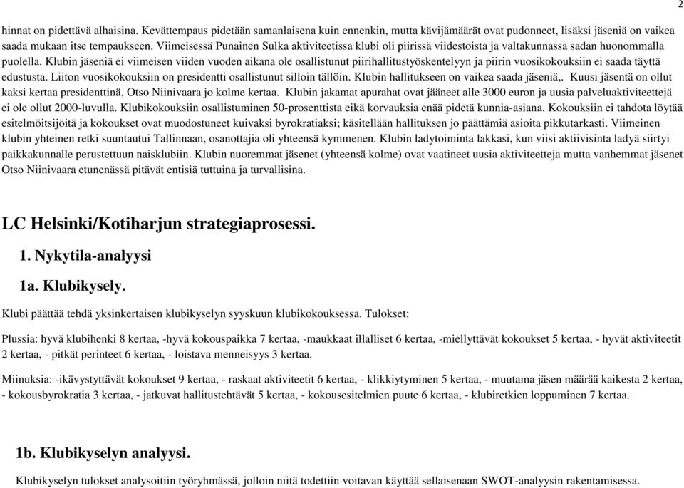 Klubin jäseniä ei viimeisen viiden vuoden aikana ole osallistunut piirihallitustyöskentelyyn ja piirin vuosikokouksiin ei saada täyttä edustusta.