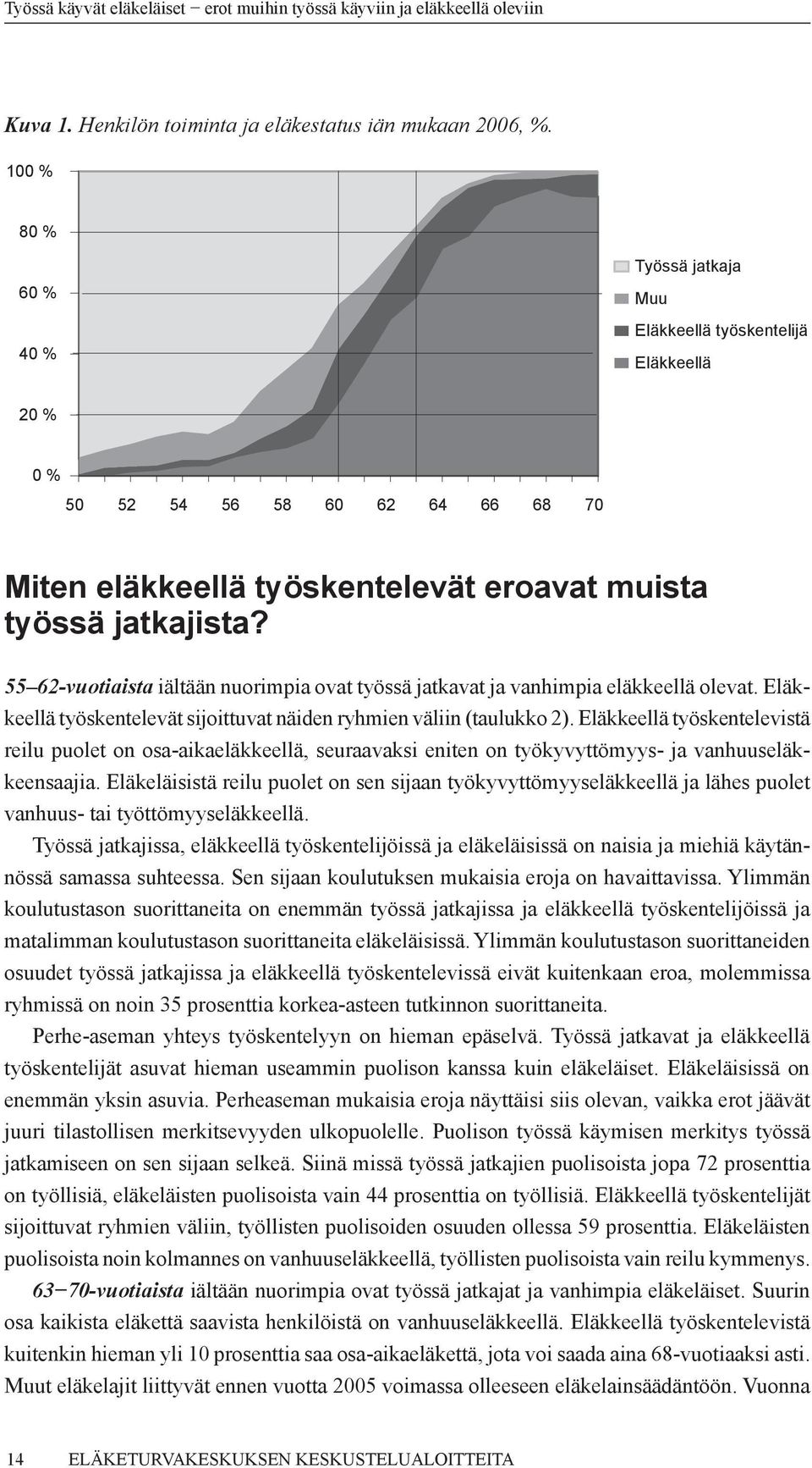 55 62-vuotiaista iältään nuorimpia ovat työssä jatkavat ja vanhimpia eläkkeellä olevat. Eläkkeellä työskentelevät sijoittuvat näiden ryhmien väliin (taulukko 2).