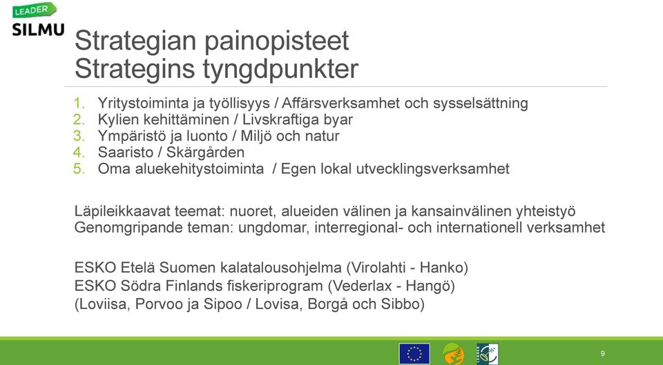 Oma aluekehitystoiminta / Egen lokal utvecklingsverksamhet Läpileikkaavat teemat: nuoret, alueiden välinen ja kansainvälinen yhteistyö Genomgripande