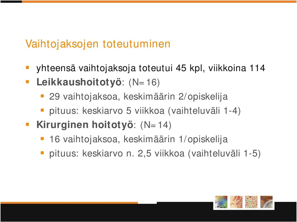 keskiarvo 5 viikkoa (vaihteluväli 1-4) Kirurginen hoitotyö: (N=14) 16