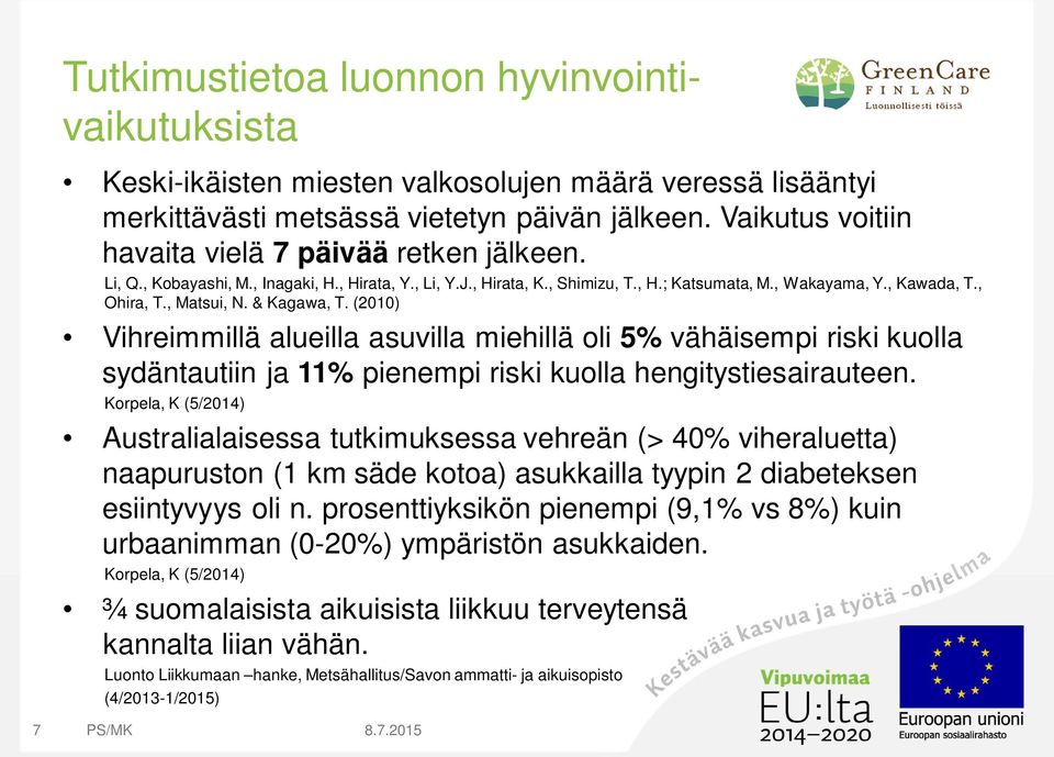 , Matsui, N. & Kagawa, T. (2010) Vihreimmillä alueilla asuvilla miehillä oli 5% vähäisempi riski kuolla sydäntautiin ja 11% pienempi riski kuolla hengitystiesairauteen.