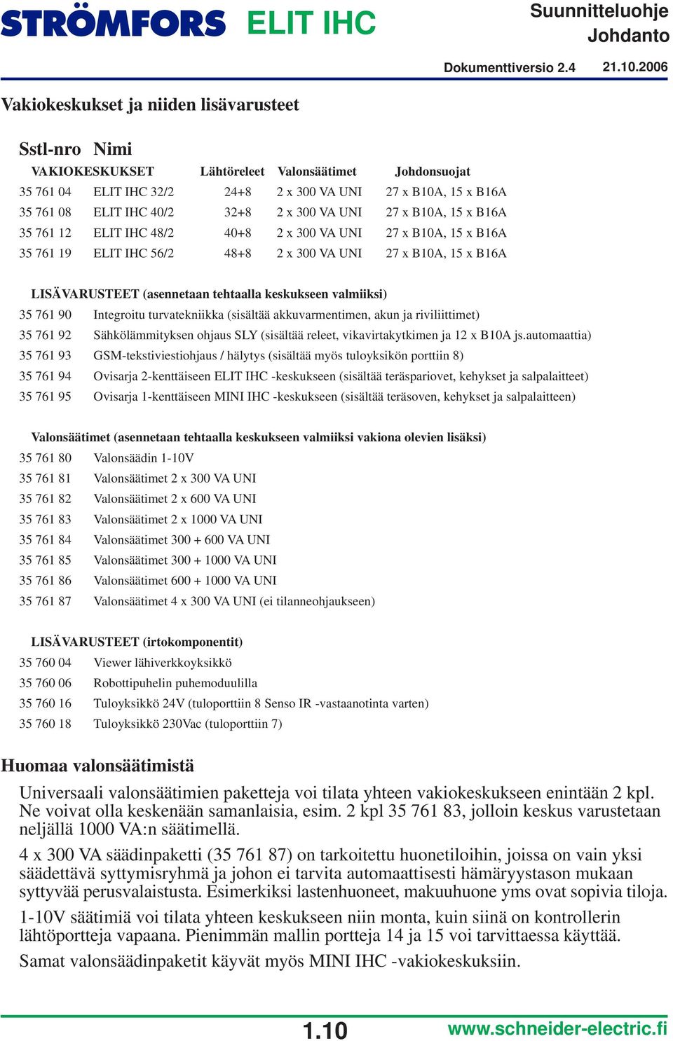 turvatekniikka (sisältää akkuvarmentimen, akun ja riviliittimet) 35 76 92 Sähkölämmityksen ohjaus SY (sisältää releet, vikavirtakytkimen ja 2 x BA js.