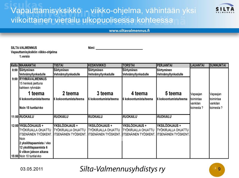 Vehnämyllynkadulle Vehnämyllynkadulle Vehnämyllynkadulle 9:00 RYHMÄVALMENNUS 15 henkeä jaettuna kahteen ryhmään 1 teema 2 teema 3 teema 4 teema 5 teema Vapaajan Vapaajan 6 kokoontumista/teema 6