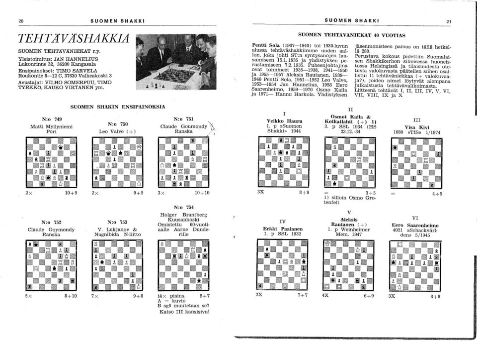 SUOMEN SHAKKI 21 SUOMEN TEHTKVKNIEKAT 40 VUOTIAS Pentti Sola 0907-1940) toi 1930-luvun alussa tehtäväsha~kiimme uuden aallon, joka johti ST:n syntysanojen lausumiseen 15.1. 1935 ja yhdistyksen perustamiseen 7.