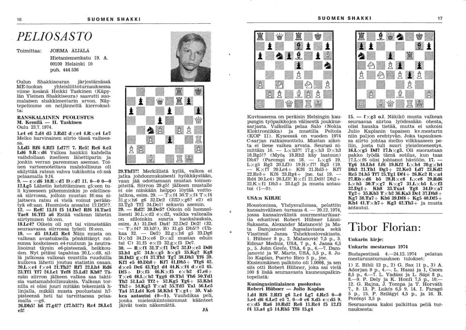 Näytepelimme on neljänneltä kierrokselta: RANSKALAINEN PUOLUSTUS M. Kemilä - H. Taskinen Oulu 23.7.1974. 1.e4 e6 2.d4 d5 3.Rd2 d X e4 4.R X e4 Le7 Melko harvinainen siirto tässä vaiheessa. 5.