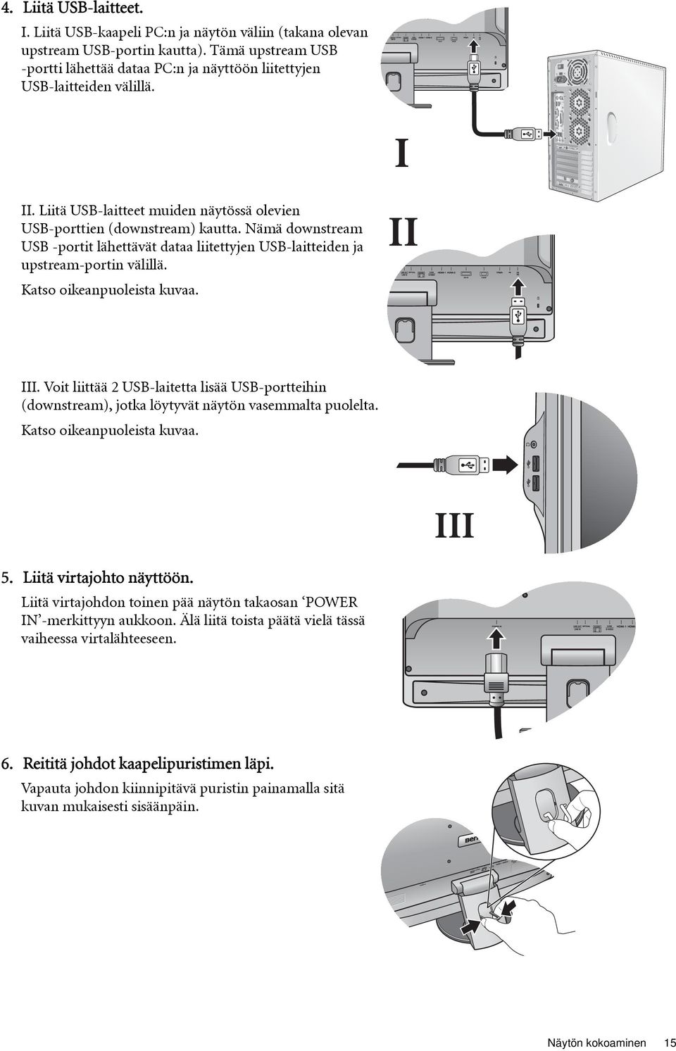 Liitä USB-laitteet muiden näytössä olevien USB-porttien (downstream) kautta. Nämä downstream USB -portit lähettävät dataa liitettyjen USB-laitteiden ja upstream-portin välillä.
