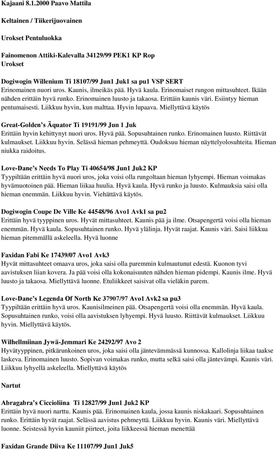 Kaunis, ilmeikäs pää. Hyvä kaula. Erinomaiset rungon mittasuhteet. Ikään nähden erittäin hyvä runko. Erinomainen luusto ja takaosa. Erittäin kaunis väri. Esiintyy hieman pentumaisesti.