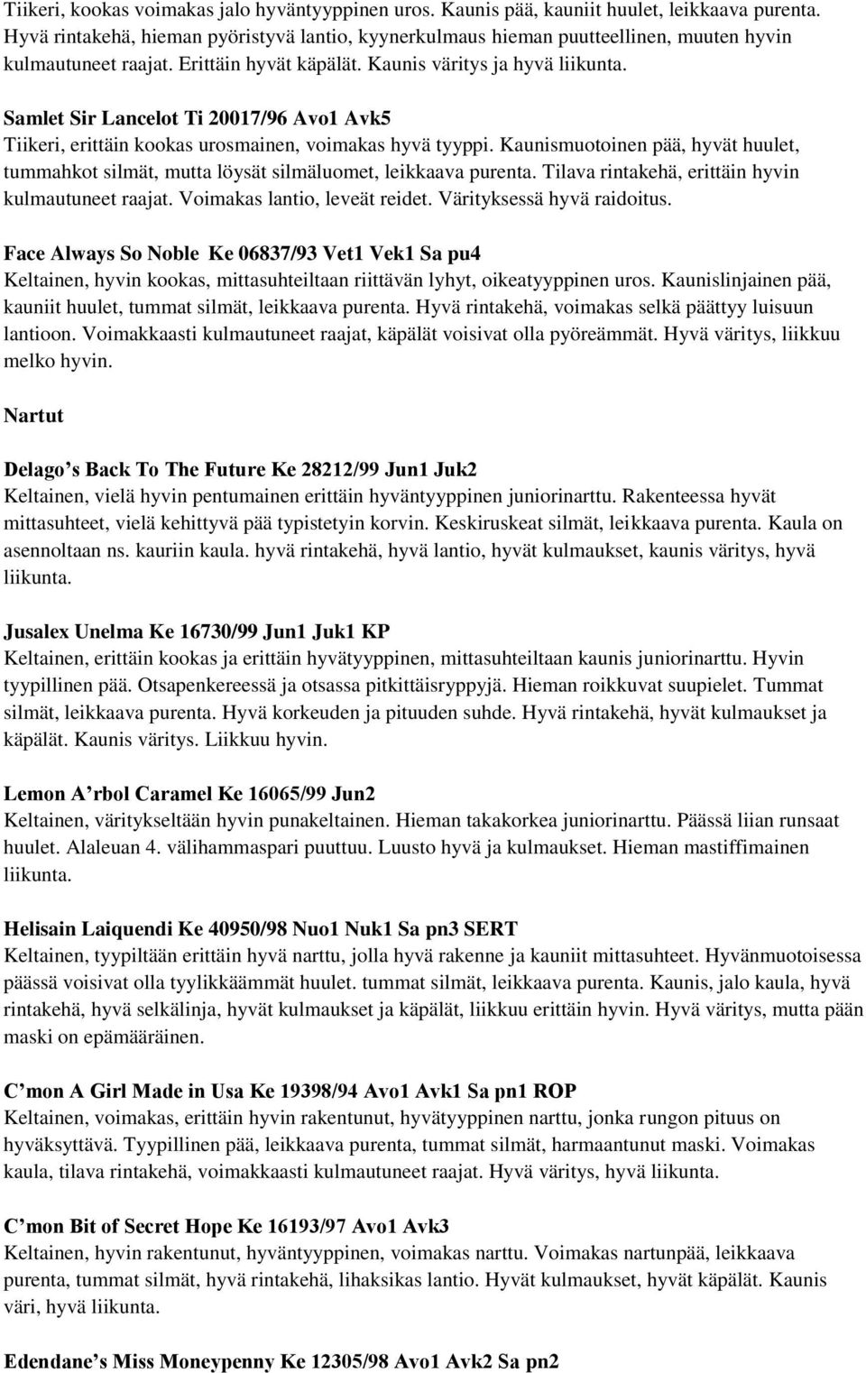 Samlet Sir Lancelot Ti 20017/96 Avo1 Avk5 Tiikeri, erittäin kookas urosmainen, voimakas hyvä tyyppi. Kaunismuotoinen pää, hyvät huulet, tummahkot silmät, mutta löysät silmäluomet, leikkaava purenta.