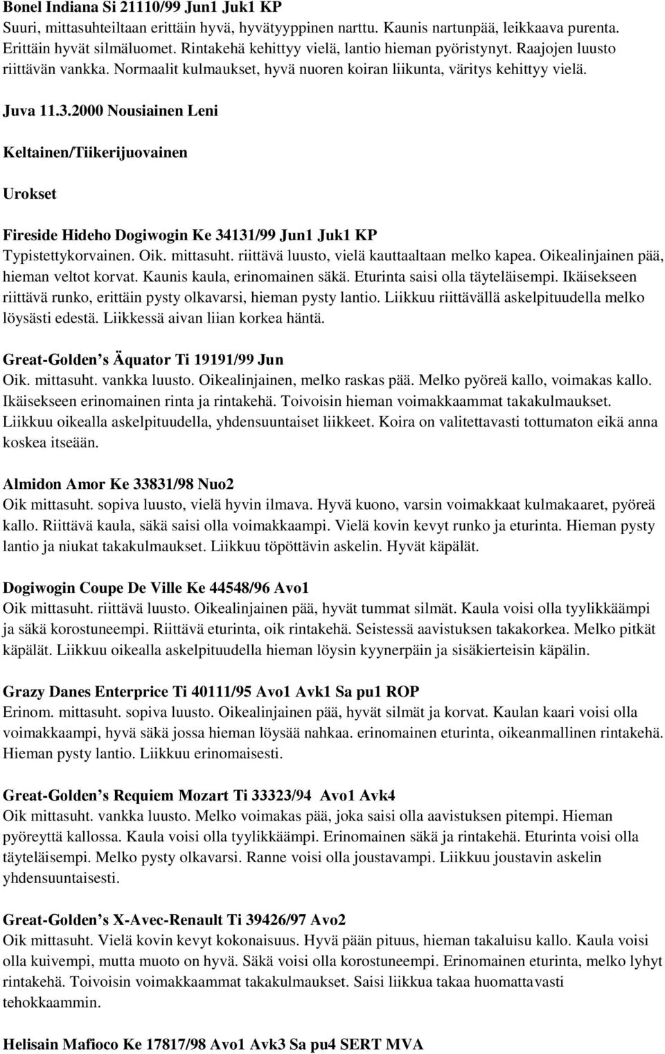 2000 Nousiainen Leni Keltainen/Tiikerijuovainen Fireside Hideho Dogiwogin Ke 34131/99 Jun1 Juk1 KP Typistettykorvainen. Oik. mittasuht. riittävä luusto, vielä kauttaaltaan melko kapea.