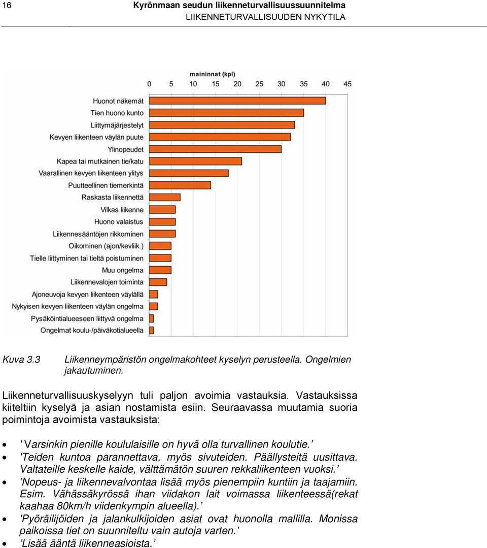 Seuraavassa muutamia suoria poimintoja avoimista vastauksista: ' Varsinkin pienille koululaisille on hyvä olla turvallinen koulutie. 'Teiden kuntoa parannettava, myös sivuteiden.