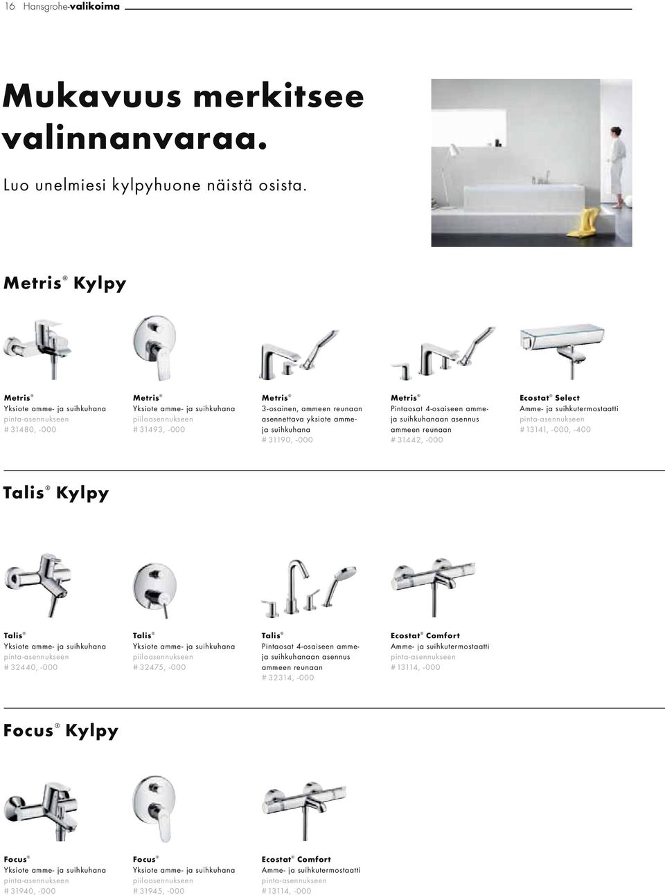 # 31190, -000 Metris Pintaosat 4-osaiseen ammeja suihkuhanaan asennus ammeen reunaan # 31442, -000 Ecostat Select Amme- ja suihkutermostaatti # 13141, -000, -400 Talis Kylpy Talis Yksiote amme- ja