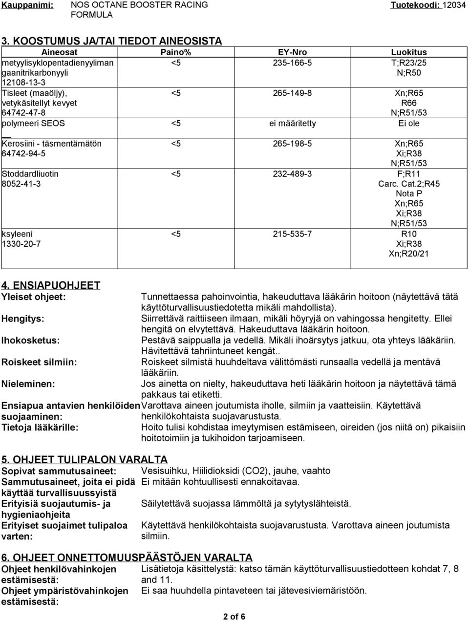 64742-47-8 polymeeri SEOS Kerosiini - täsmentämätön 64742-94-5 Stoddardliuotin 8052-41-3 ksyleeni 1330-20-7 <5 265-149-8 Xn;R65 R66 N;R51/53 <5 ei määritetty Ei ole <5 265-198-5 Xn;R65 Xi;R38