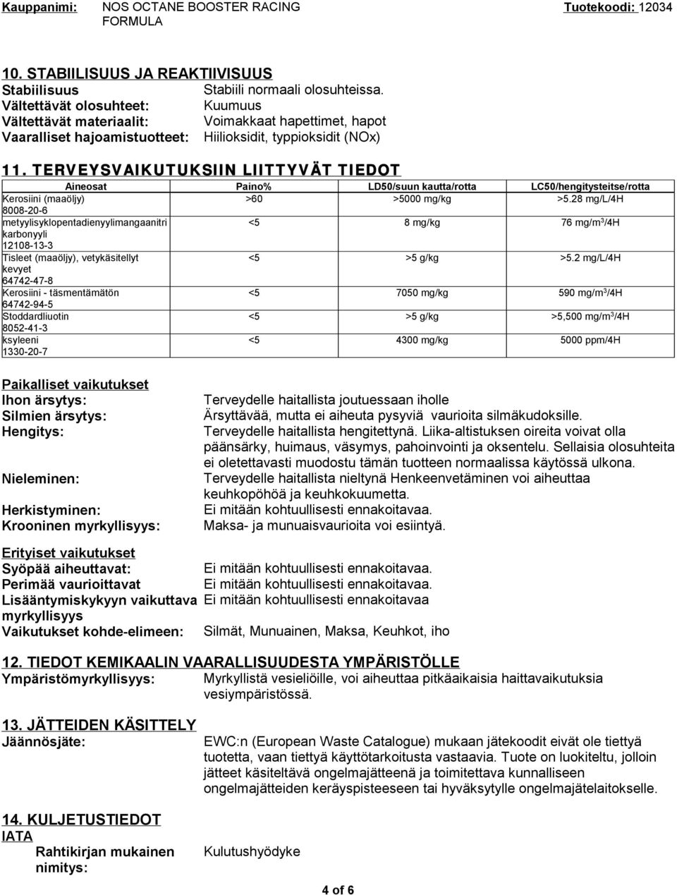 TERVEYSVAIKUTUKSIIN LIITTYVÄT T TIEDOT Aineosat Paino% LD50/suun kautta/rotta LC50/hengitysteitse/rotta Kerosiini (maaöljy) >60 >5000 mg/kg >5.