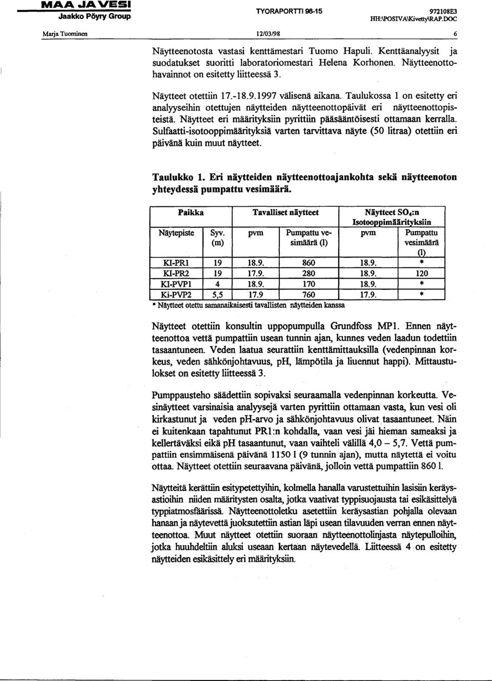 Taulukossa 1 on esitetty eri analyyseihin otettujen näytteiden näytteenottopäivät eri näytteenottopisteistä. Näytteet eri määrityksiin pyrittiin pääsääntöisesti ottamaan kerralla.