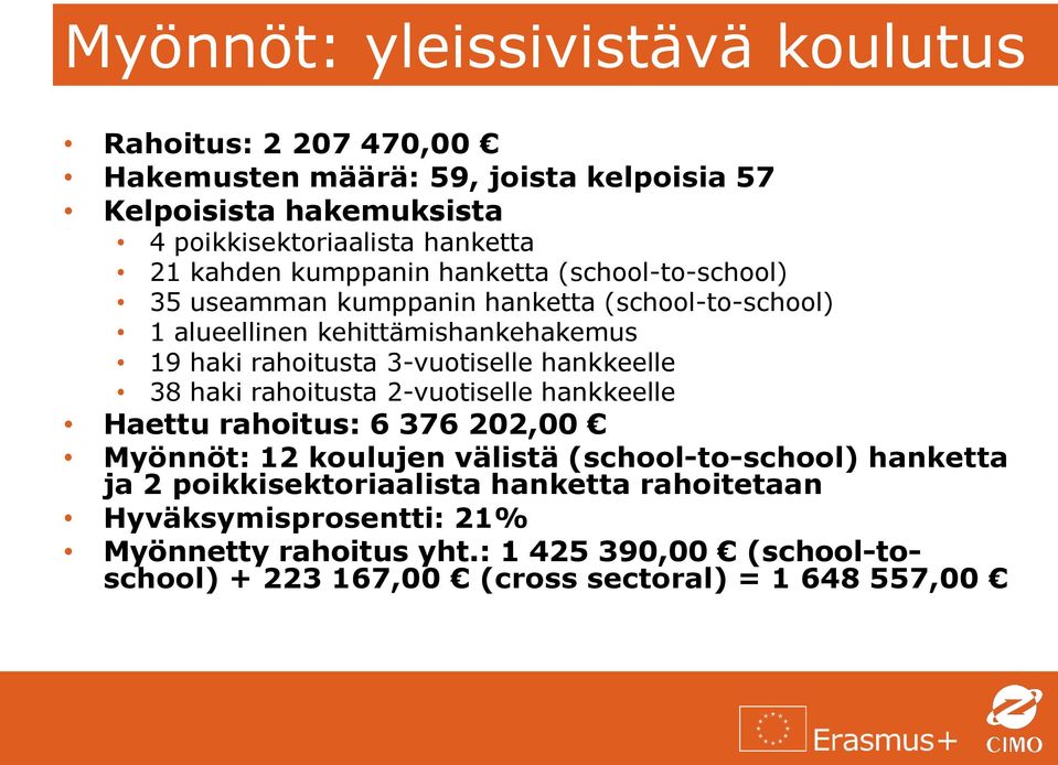 3-vuotiselle hankkeelle 38 haki rahoitusta 2-vuotiselle hankkeelle Haettu rahoitus: 6 376 202,00 Myönnöt: 12 koulujen välistä (school-to-school) hanketta ja 2