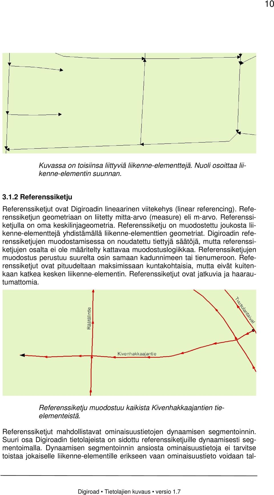 Referenssiketju on muodostettu joukosta liikenne-elementtejä yhdistämällä liikenne-elementtien geometriat.