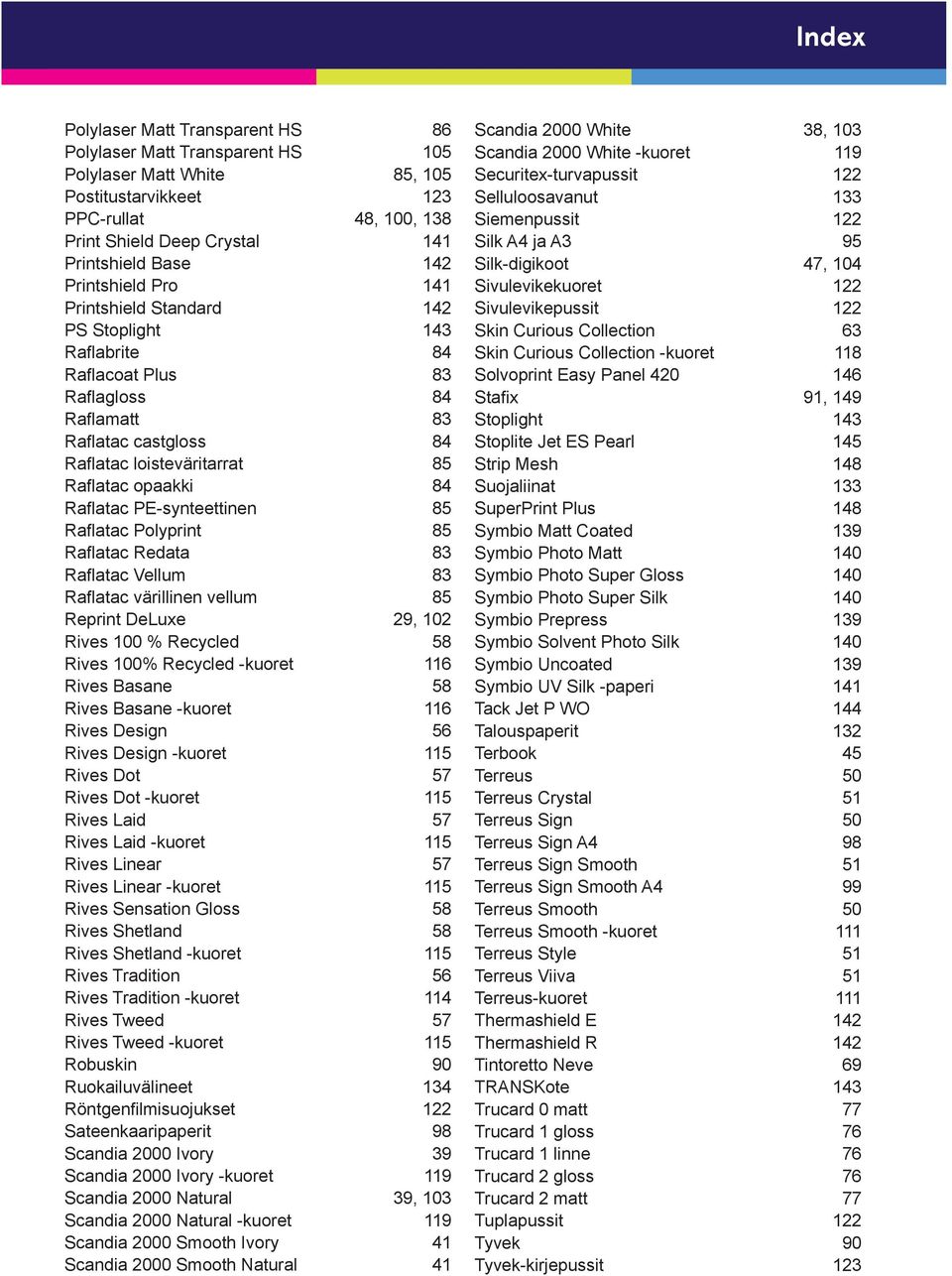 Raflatac PE-synteettinen 85 Raflatac Polyprint 85 Raflatac Redata 83 Raflatac Vellum 83 Raflatac värillinen vellum 85 Reprint DeLuxe 29, 102 Rives 100 % Recycled 58 Rives 100% Recycled -kuoret 116