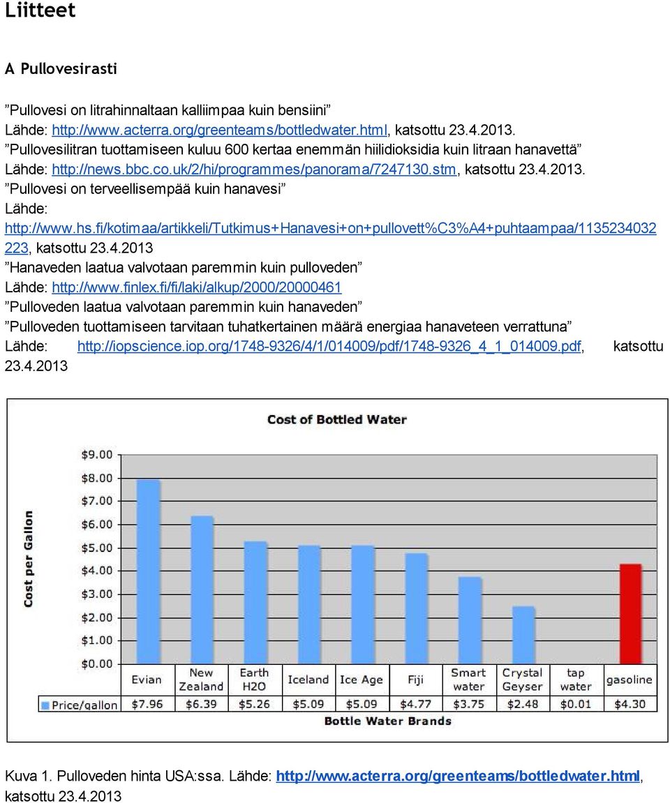 Pullovesi on terveellisempää kuin hanavesi Lähde: http://www.hs.fi/kotimaa/artikkeli/tutkimus+hanavesi+on+pullovett%c3%a4+puhtaampaa/1135234032 223, katsottu 23.4.2013 Hanaveden laatua valvotaan paremmin kuin pulloveden Lähde: http://www.