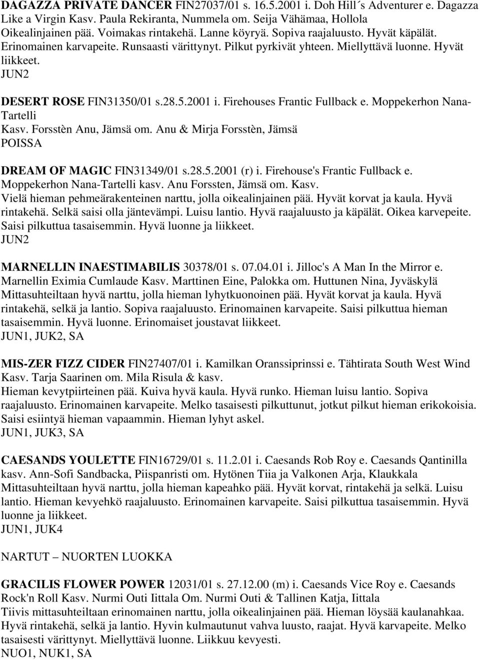 Firehouses Frantic Fullback e. Moppekerhon Nana- Tartelli Kasv. Forsstèn Anu, Jämsä om. Anu & Mirja Forsstèn, Jämsä DREAM OF MAGIC FIN31349/01 s.28.5.2001 (r) i. Firehouse's Frantic Fullback e.