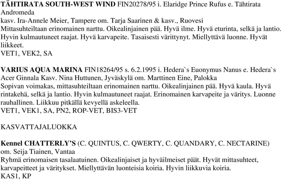 Hyvät VET1, VEK2, SA VARIUS AQUA MARINA FIN18264/95 s. 6.2.1995 i. Hedera`s Euonymus Nanus e. Hedera`s Acer Ginnala Kasv. Nina Huttunen, Jyväskylä om.