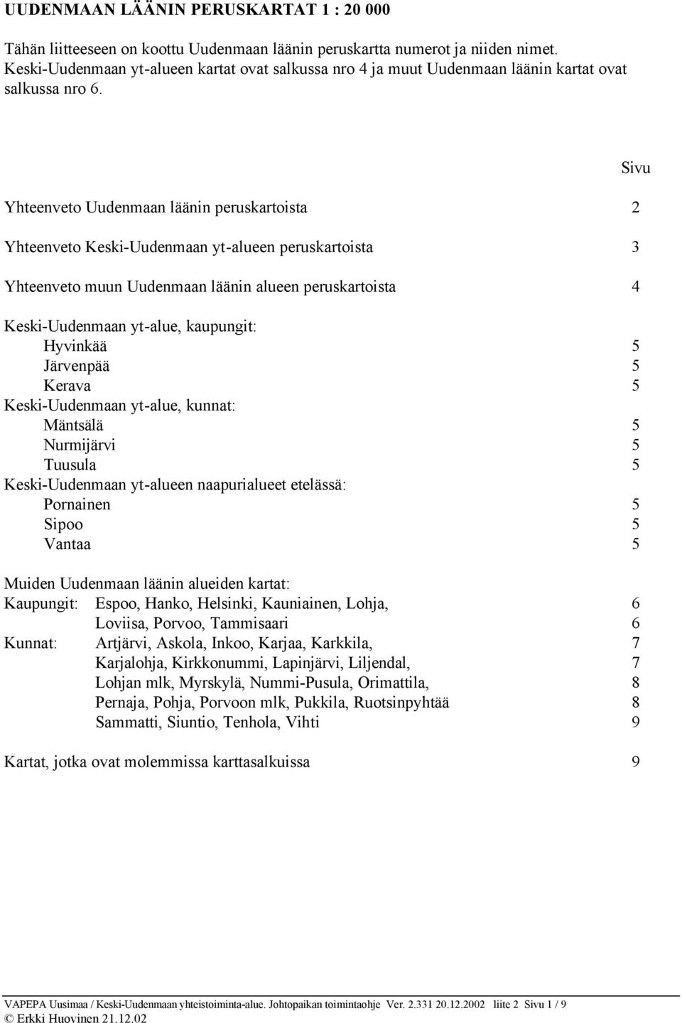 Yhteenveto Uudenmaan läänin peruskartoista 2 Yhteenveto Keski-Uudenmaan yt-alueen peruskartoista 3 Yhteenveto muun Uudenmaan läänin alueen peruskartoista 4 Keski-Uudenmaan yt-alue, kaupungit: