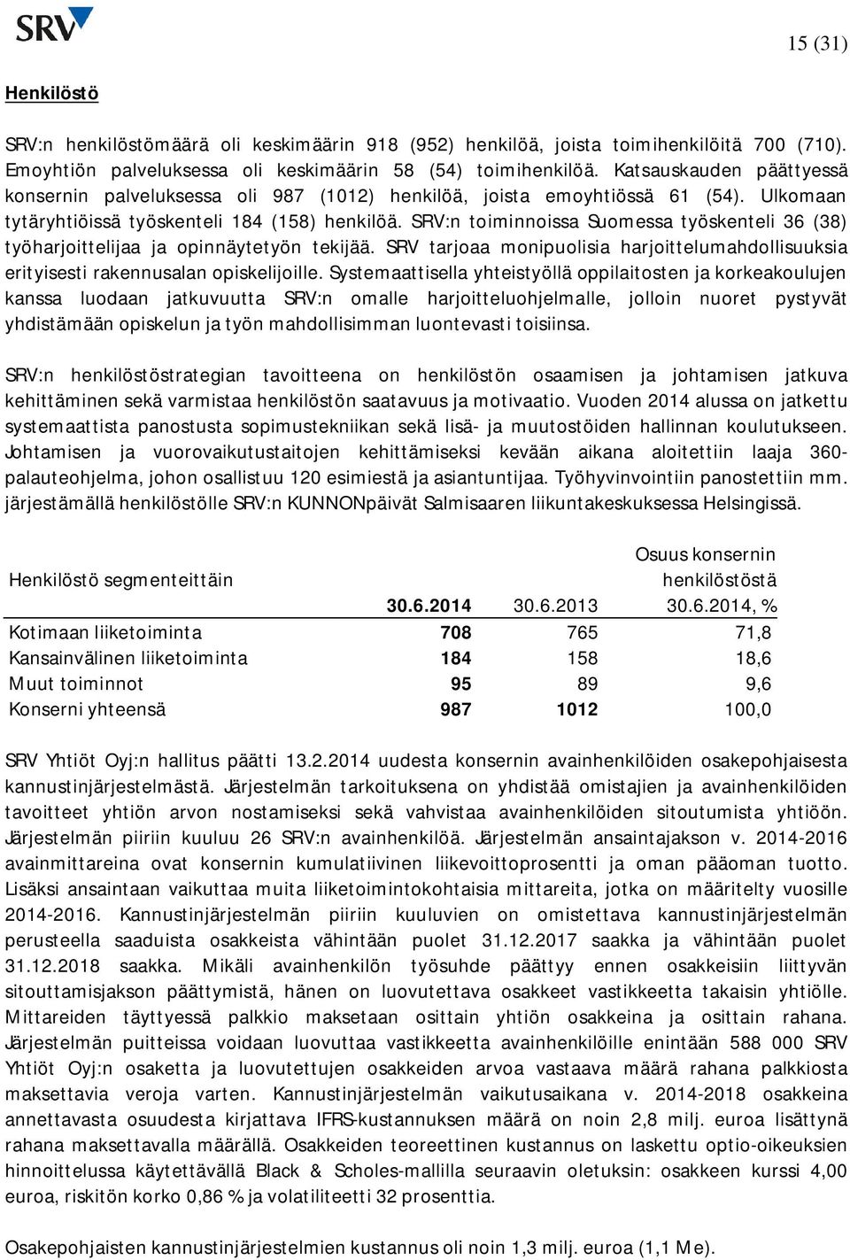 SRV:n toiminnoissa Suomessa työskenteli 36 (38) työharjoittelijaa ja opinnäytetyön tekijää. SRV tarjoaa monipuolisia harjoittelumahdollisuuksia erityisesti rakennusalan opiskelijoille.