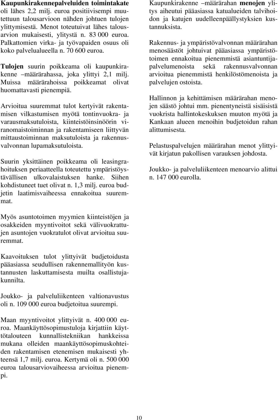 Tulojen suurin poikkeama oli kaupunkirakenne määrärahassa, joka ylittyi 2,1 milj. Muissa määrärahoissa poikkeamat olivat huomattavasti pienempiä.