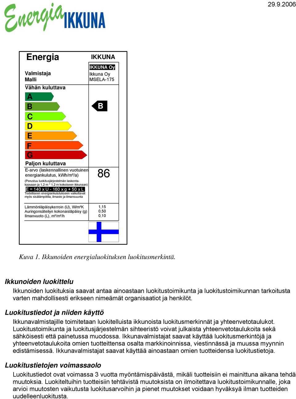 Lämmönläpäisykerroin (U), W/m²K Auringonsäteilyn kokonaisläpäisy (g) Ilmanvuoto (L), m³/m²/h 1,15 0,50 0,10 Kuva 1. Ikkunoiden energialuokituksen luokitusmerkintä.