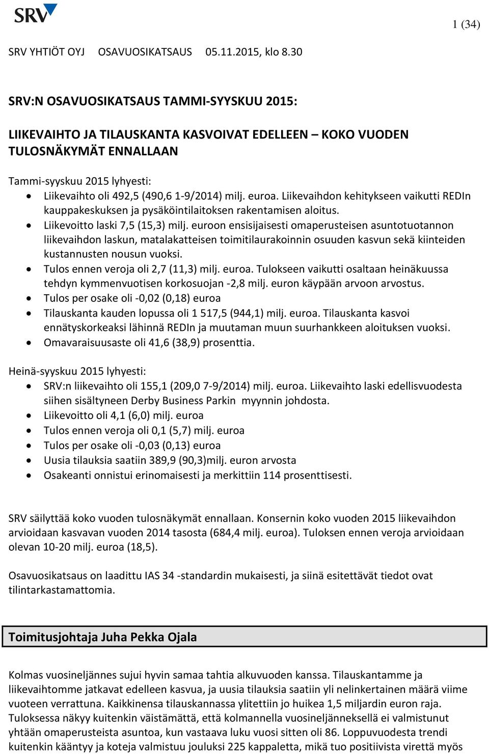 Liikevaihdon kehitykseen vaikutti REDIn kauppakeskuksen ja pysäköintilaitoksen rakentamisen aloitus. Liikevoitto laski 7,5 (15,3) milj.