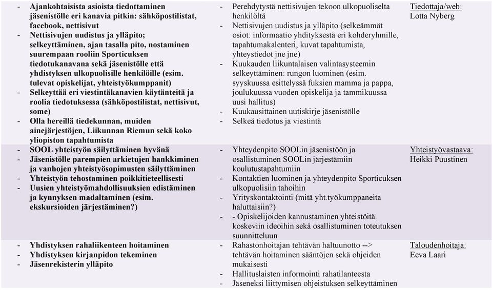 tulevat opiskelijat, yhteistyökumppanit) - Selkeyttää eri viestintäkanavien käytänteitä ja roolia tiedotuksessa (sähköpostilistat, nettisivut, some) - Olla hereillä tiedekunnan, muiden