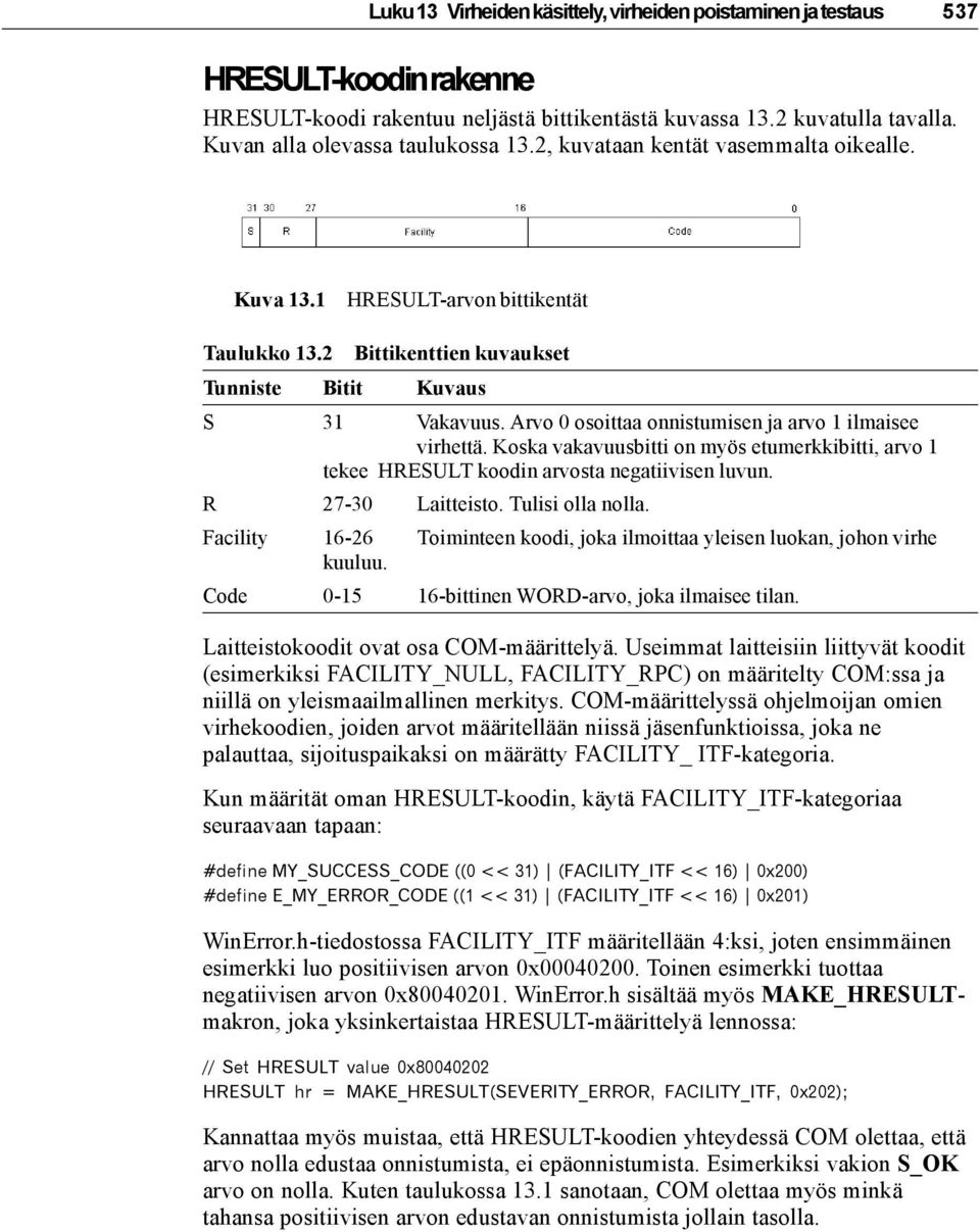 Arvo 0 osoittaa onnistumisen ja arvo 1 ilmaisee virhettä. Koska vakavuusbitti on myös etumerkkibitti, arvo 1 tekee HRESULT koodin arvosta negatiivisen luvun. R 27-30 Laitteisto. Tulisi olla nolla.
