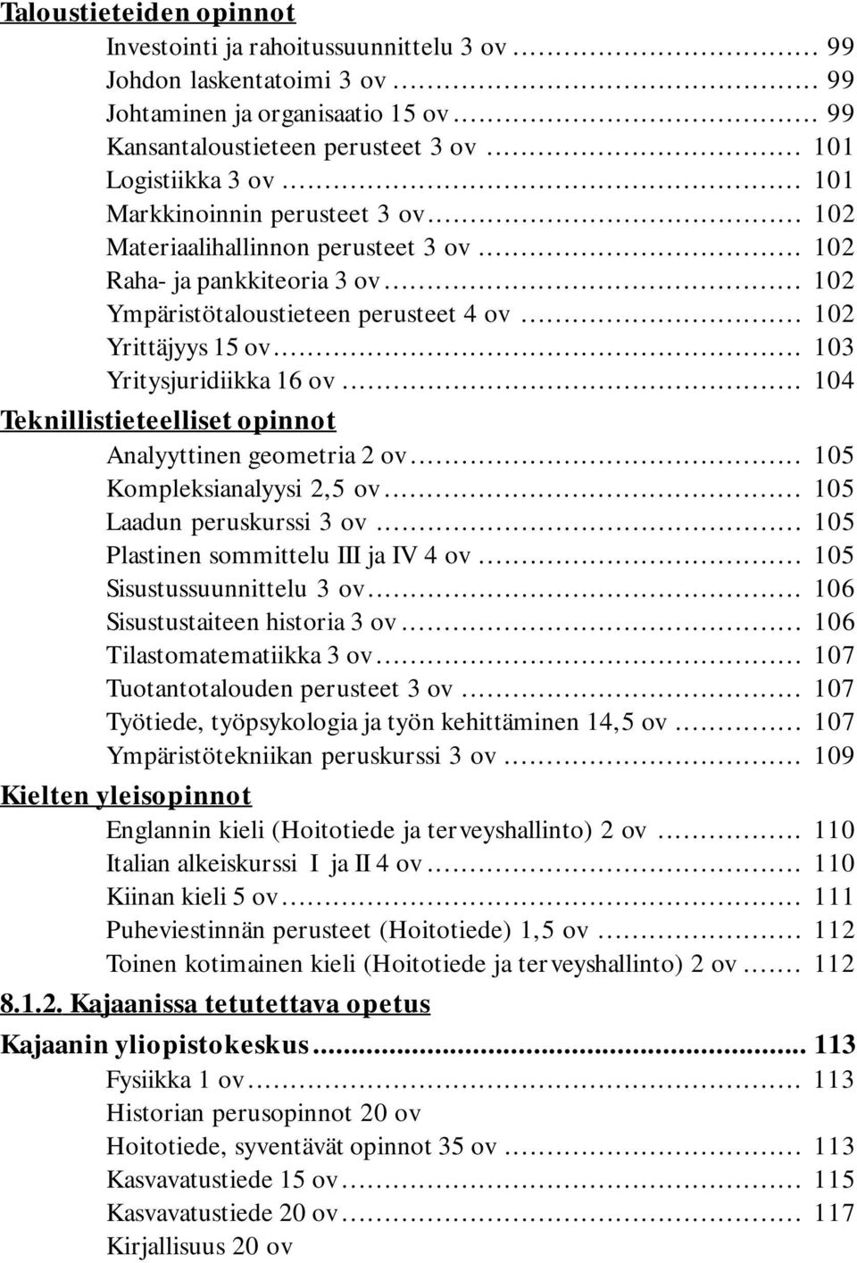 .. 103 Yritysjuridiikka 16 ov... 104 Teknillistieteelliset opinnot Analyyttinen geometria 2 ov... 105 Kompleksianalyysi 2,5 ov... 105 Laadun peruskurssi 3 ov... 105 Plastinen sommittelu III ja IV 4 ov.