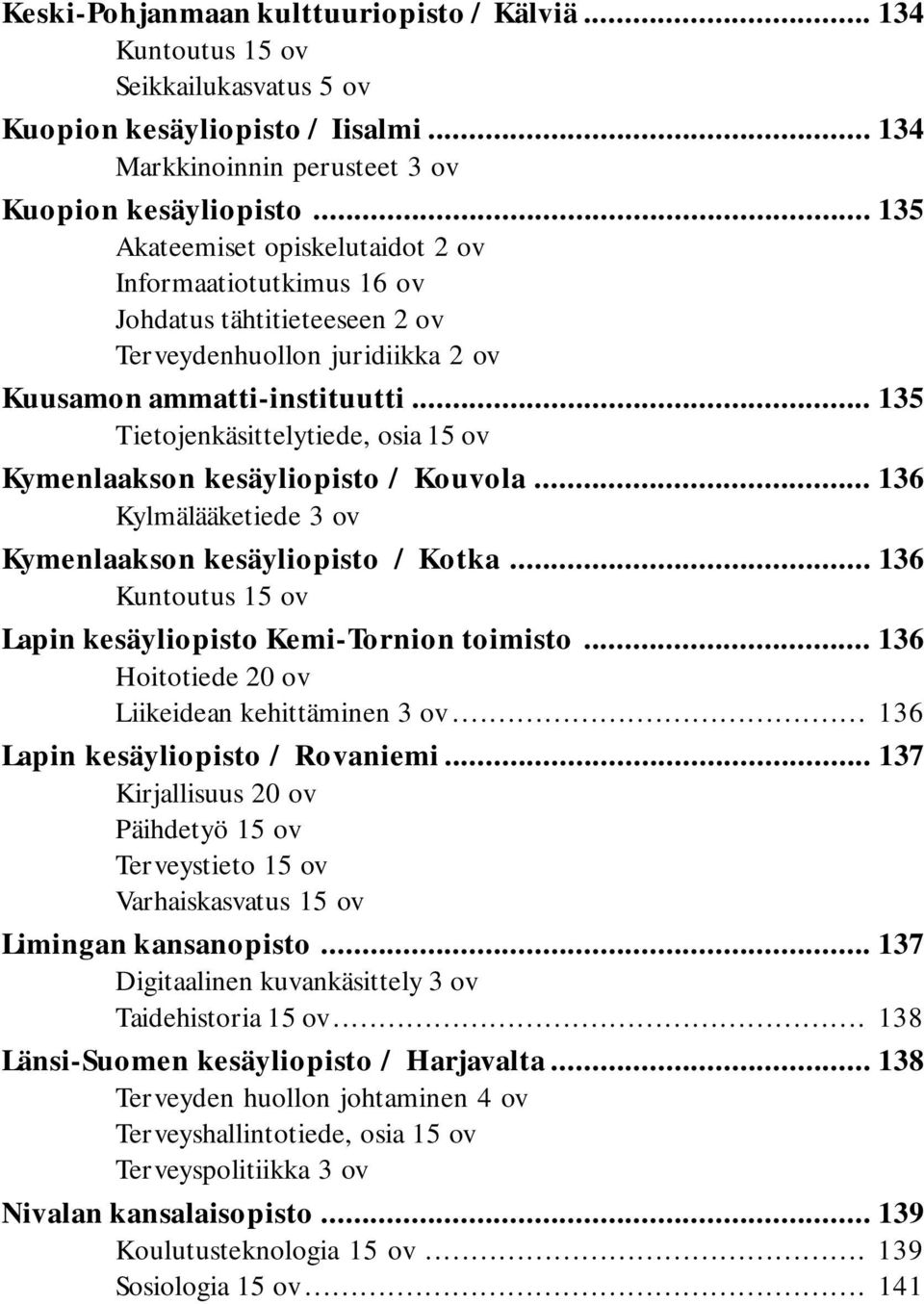 .. 135 Tietojenkäsittelytiede, osia 15 ov Kymenlaakson kesäyliopisto / Kouvola... 136 Kylmälääketiede 3 ov Kymenlaakson kesäyliopisto / Kotka.