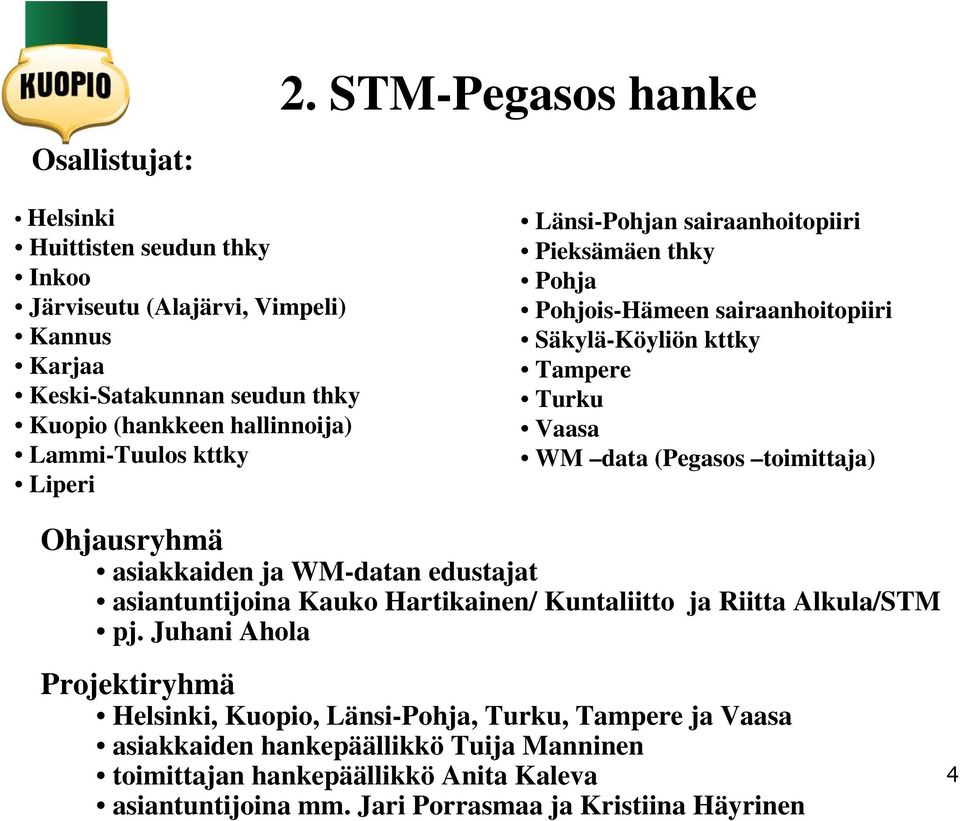 kttky Liperi Länsi-Pohjan sairaanhoitopiiri Pieksämäen thky Pohja Pohjois-Hämeen sairaanhoitopiiri Säkylä-Köyliön kttky Tampere Turku Vaasa WM data (Pegasos toimittaja)