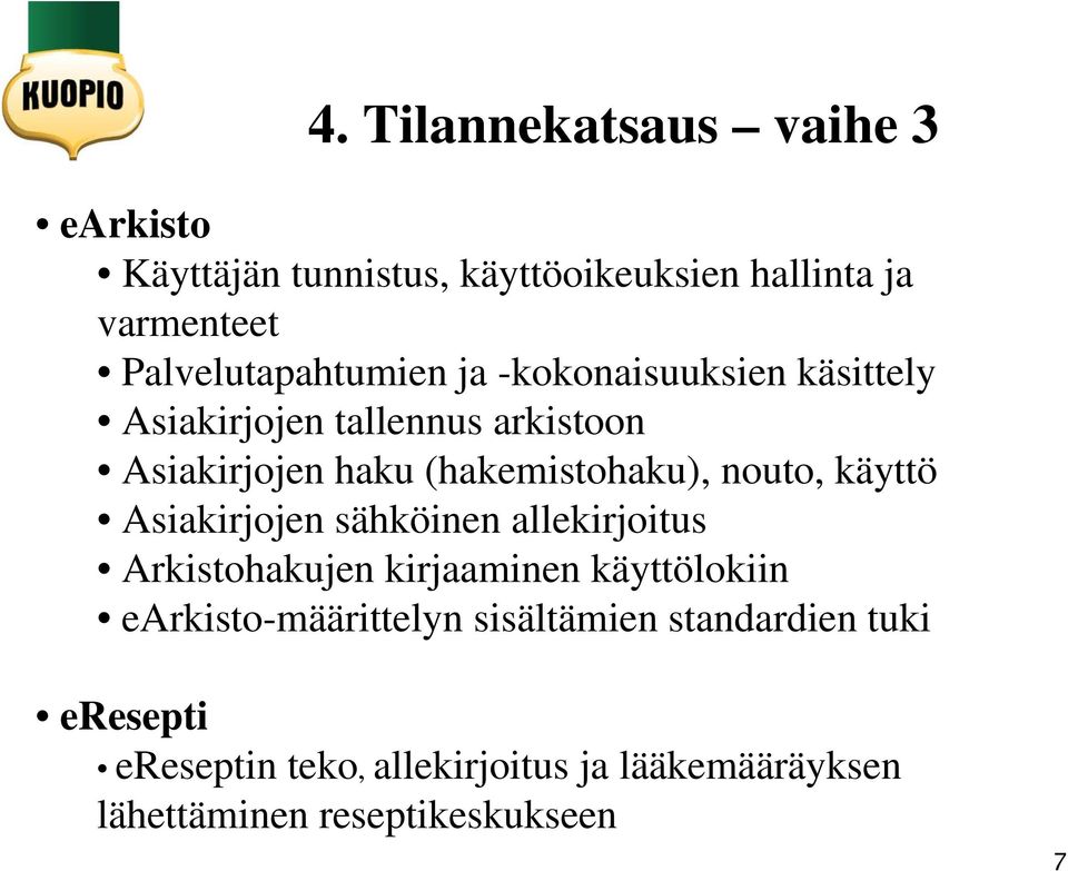 (hakemistohaku), nouto, käyttö Asiakirjojen sähköinen allekirjoitus Arkistohakujen kirjaaminen käyttölokiin