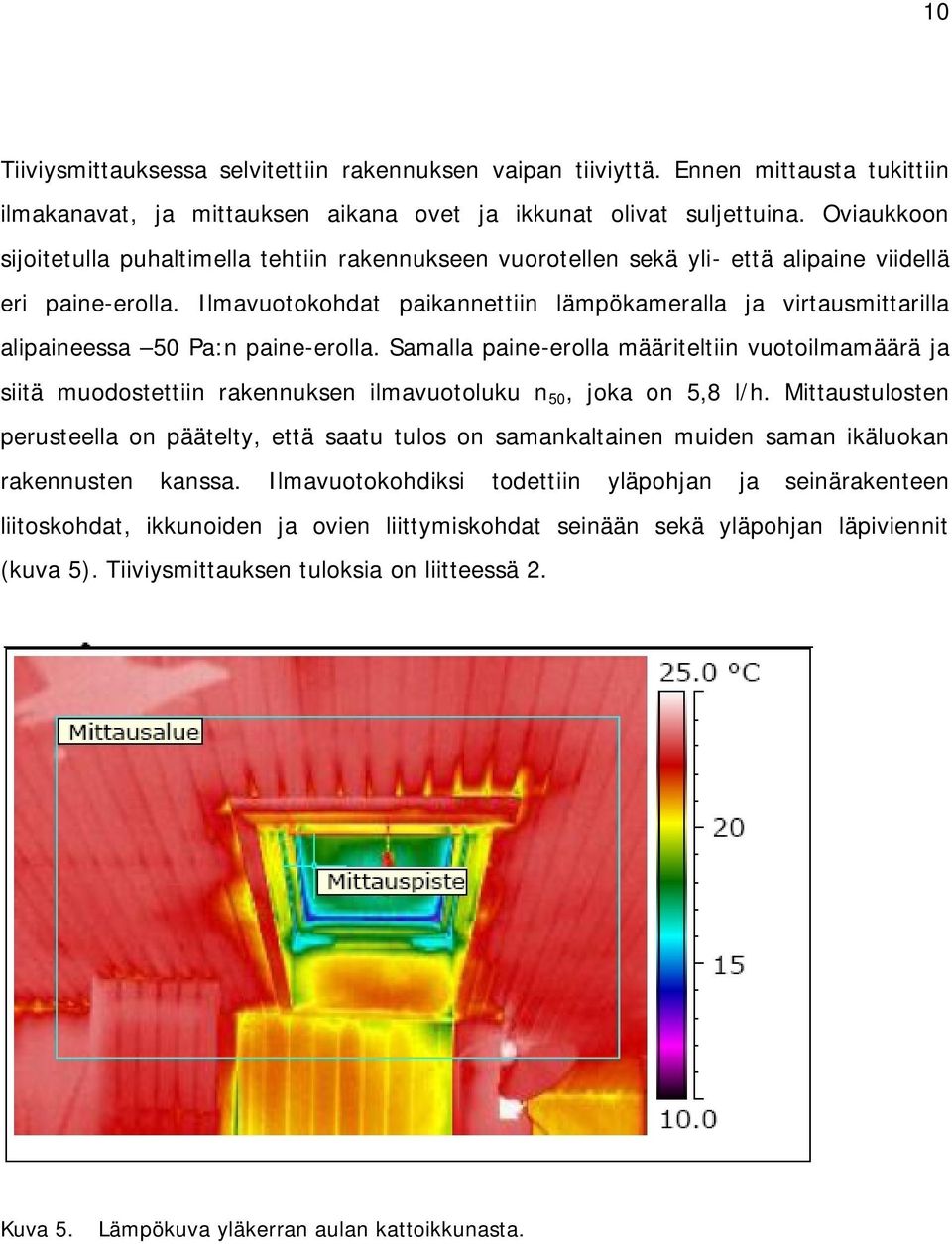 Ilmavuotokohdat paikannettiin lämpökameralla ja virtausmittarilla alipaineessa 5 Pa:n paine-erolla.