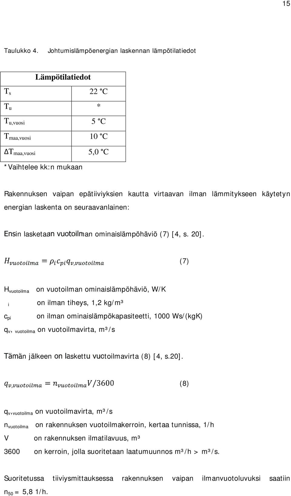 lämmitykseen käytetyn energian laskenta on seuraavanlainen: Ensin lasketaan vuotoilman ominaislämpöhäviö (7) [4 s. 2].