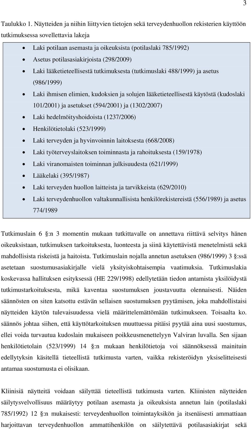 potilasasiakirjoista (298/2009) Laki lääketieteellisestä tutkimuksesta (tutkimuslaki 488/1999) ja asetus (986/1999) Laki ihmisen elimien, kudoksien ja solujen lääketieteellisestä käytöstä (kudoslaki