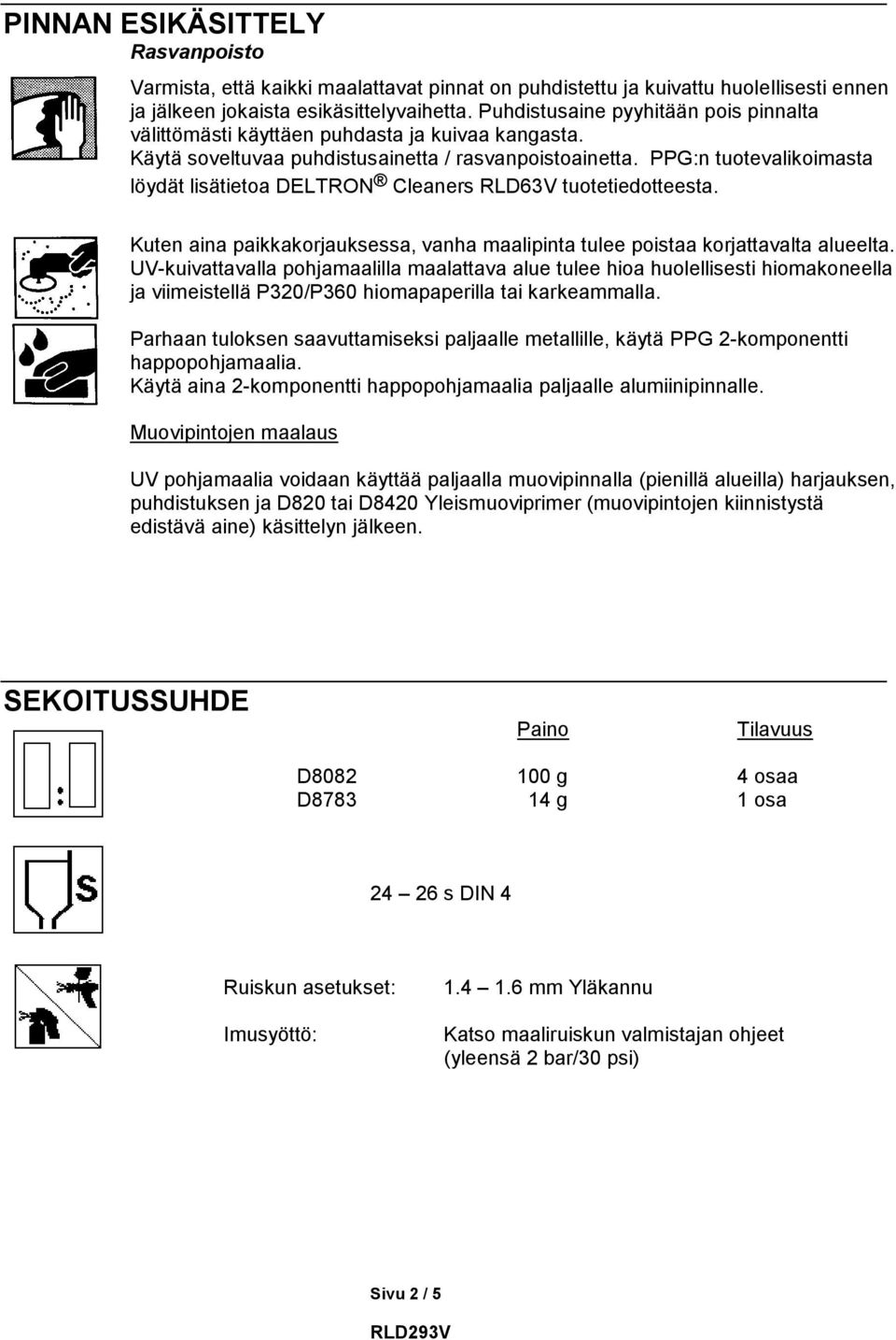 PPG:n tuotevalikoimasta löydät lisätietoa DELTRON Cleaners RLD63V tuotetiedotteesta. Kuten aina paikkakorjauksessa, vanha maalipinta tulee poistaa korjattavalta alueelta.