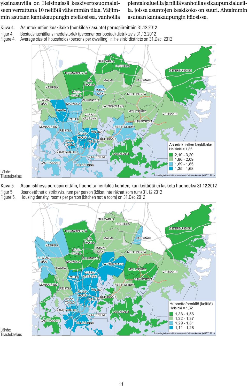 Kuva 4. Asuntokuntien keskikoko (henkilöä / asunto) peruspiireittäin 31.12.212 Figur 4. Bostadshushållens medelstorlek (personer per bostad) distriktsvis 31.12.212 Figure 4.