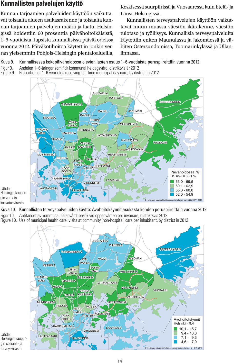 Päiväkotihoitoa käytettiin jonkin verran yleisemmin Pohjois-Helsingin pientaloalueilla, Keskisessä suurpiirissä ja Vuosaaressa kuin Etelä- ja Länsi-Helsingissä.