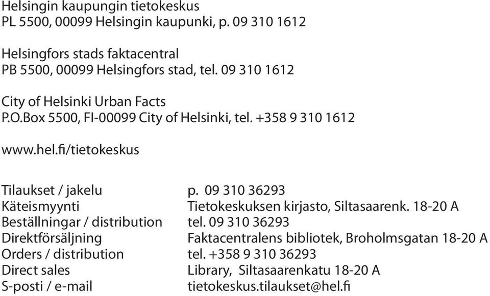 fi/tietokeskus Tilaukset / jakelu Käteismyynti Beställningar / distribution Direktförsäljning Orders / distribution Direct sales S-posti / e-mail p.