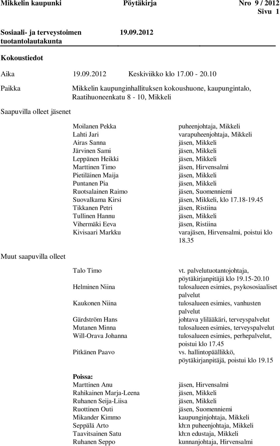 Mikkeli Airas Sanna Järvinen Sami Leppänen Heikki Marttinen Timo jäsen, Hirvensalmi Pietiläinen Maija Puntanen Pia Ruotsalainen Raimo jäsen, Suomenniemi Suovalkama Kirsi, klo 17.18-19.