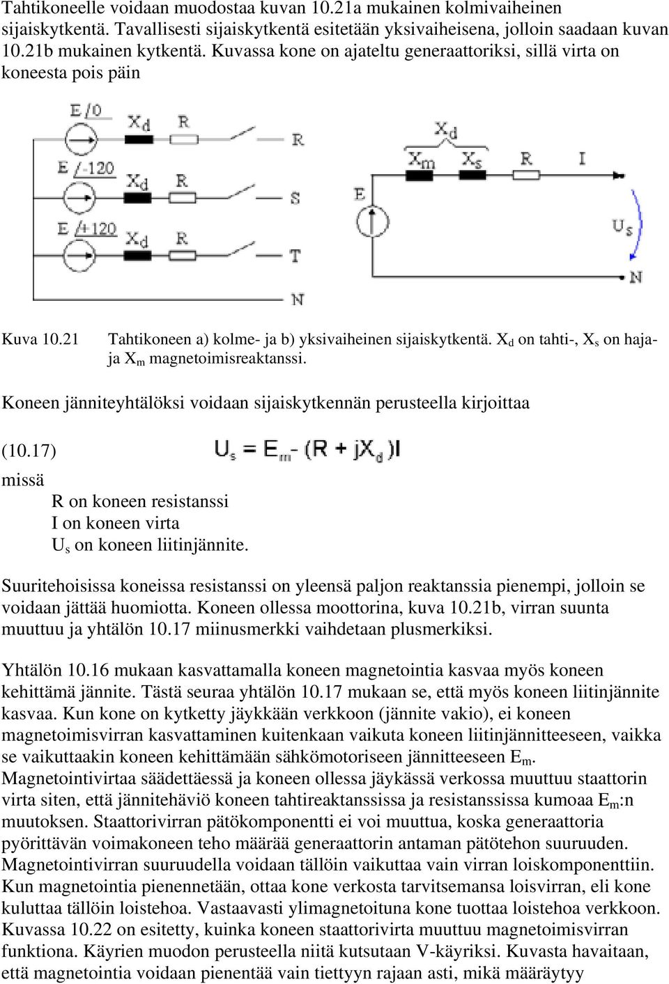 Koneen jänniteyhtälöksi voidaan sijaiskytkennän perusteella kirjoittaa (10.17) missä R on koneen resistanssi I on koneen virta U s on koneen liitinjännite.