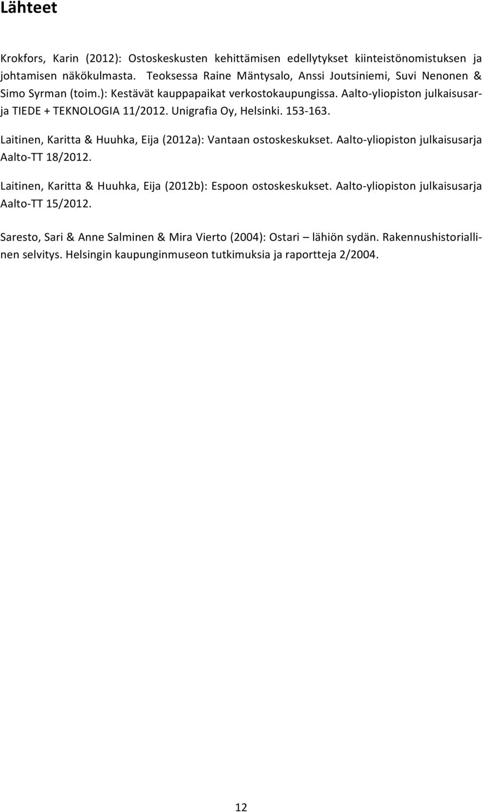 Unigrafia Oy, Helsinki. 153-163. Laitinen, Karitta & Huuhka, Eija (2012a): Vantaan ostoskeskukset. Aalto- yliopiston julkaisusarja Aalto- TT 18/2012.