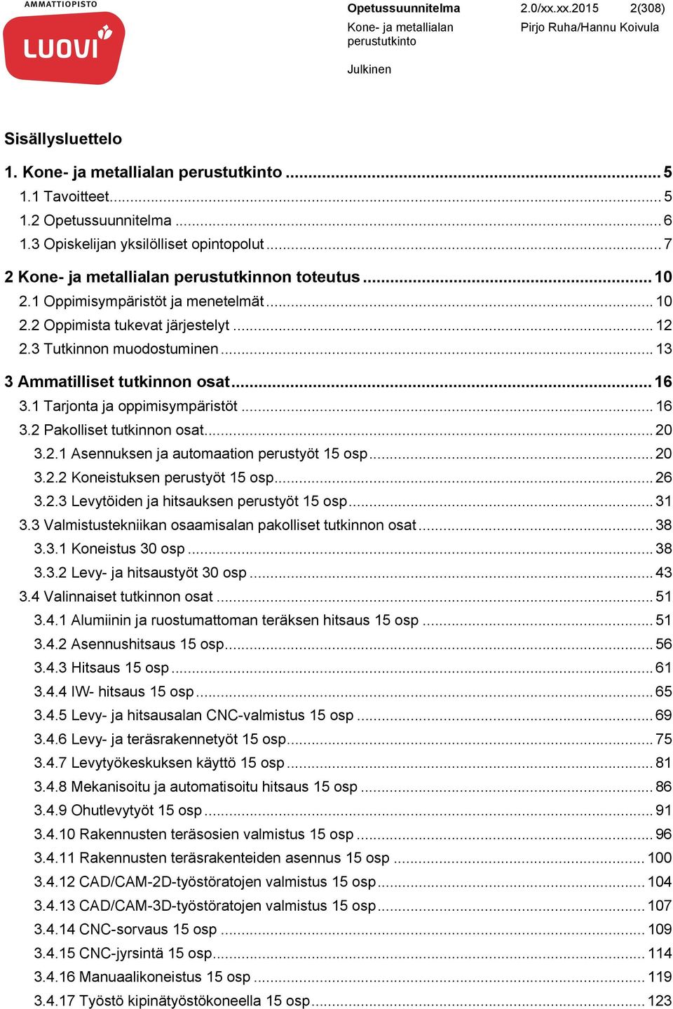 .. 20 3.2.1 Asennuksen ja automaation perustyöt 15 osp... 20 3.2.2 Koneistuksen perustyöt 15 osp... 26 3.2.3 Levytöiden ja hitsauksen perustyöt 15 osp... 31 3.