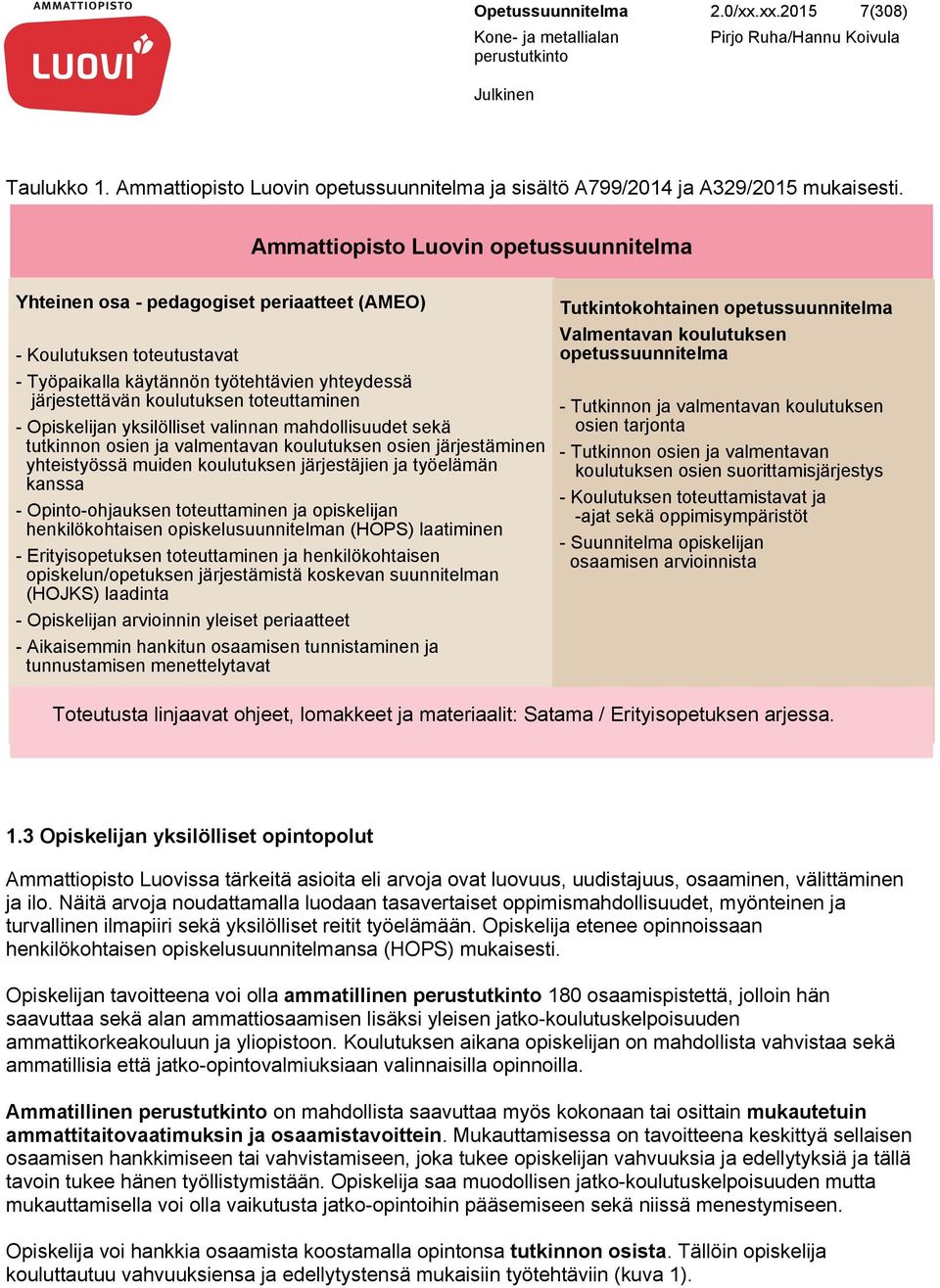 toteuttaminen - Opiskelijan yksilölliset valinnan mahdollisuudet sekä tutkinnon osien ja valmentavan koulutuksen osien järjestäminen yhteistyössä muiden koulutuksen järjestäjien ja työelämän kanssa -