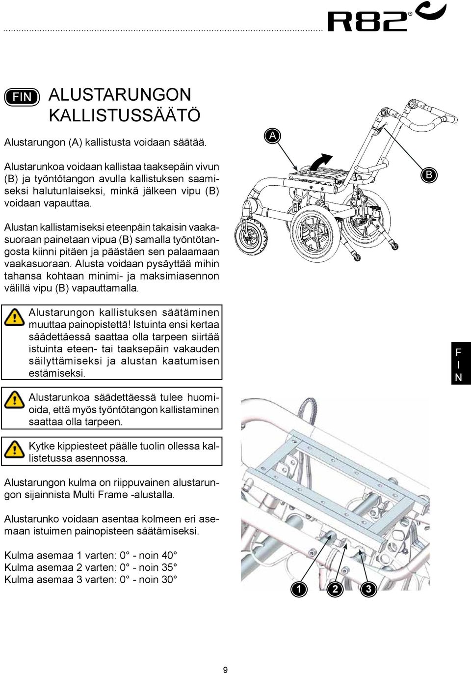 lustan kallistamiseksi eteenpäin takaisin vaakasuoraan painetaan vipua () samalla työntötangosta kiinni pitäen ja päästäen sen palaamaan vaakasuoraan.