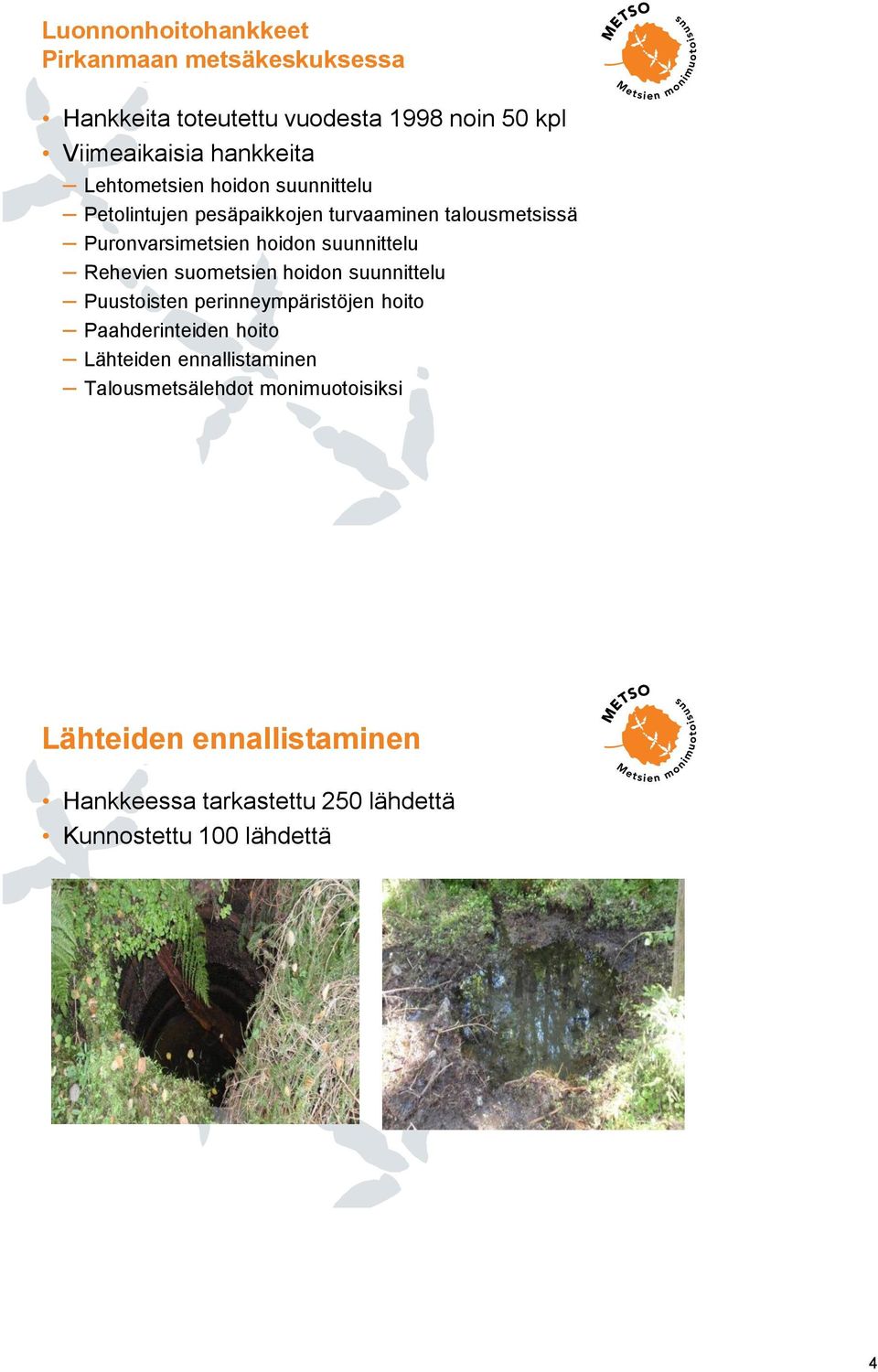 Rehevien suometsien hoidon suunnittelu Puustoisten perinneympäristöjen hoito Paahderinteiden hoito Lähteiden